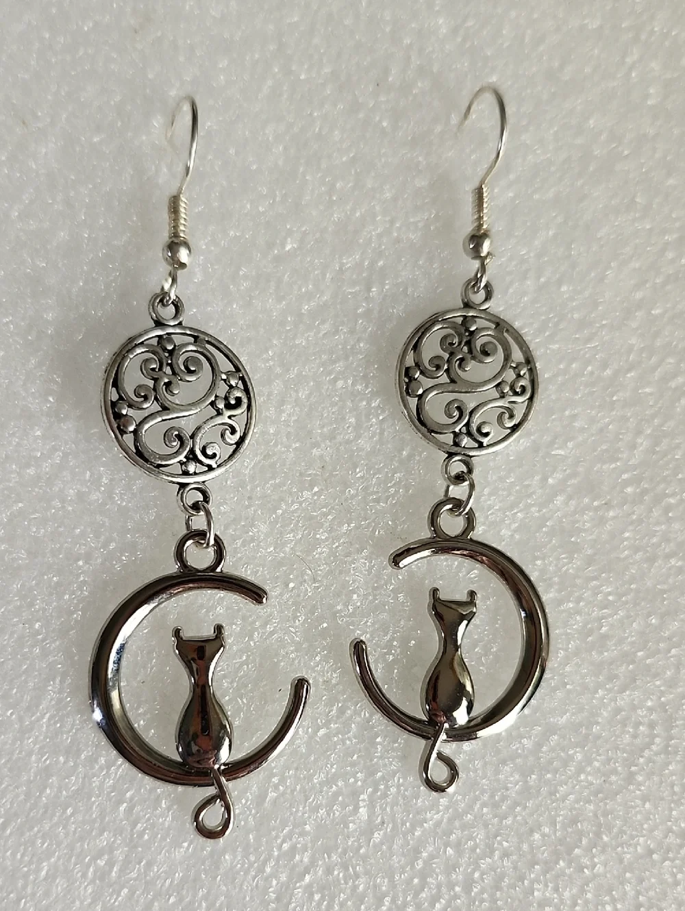 Hand Crafted Silver Cat Crescent Dangle Earrings